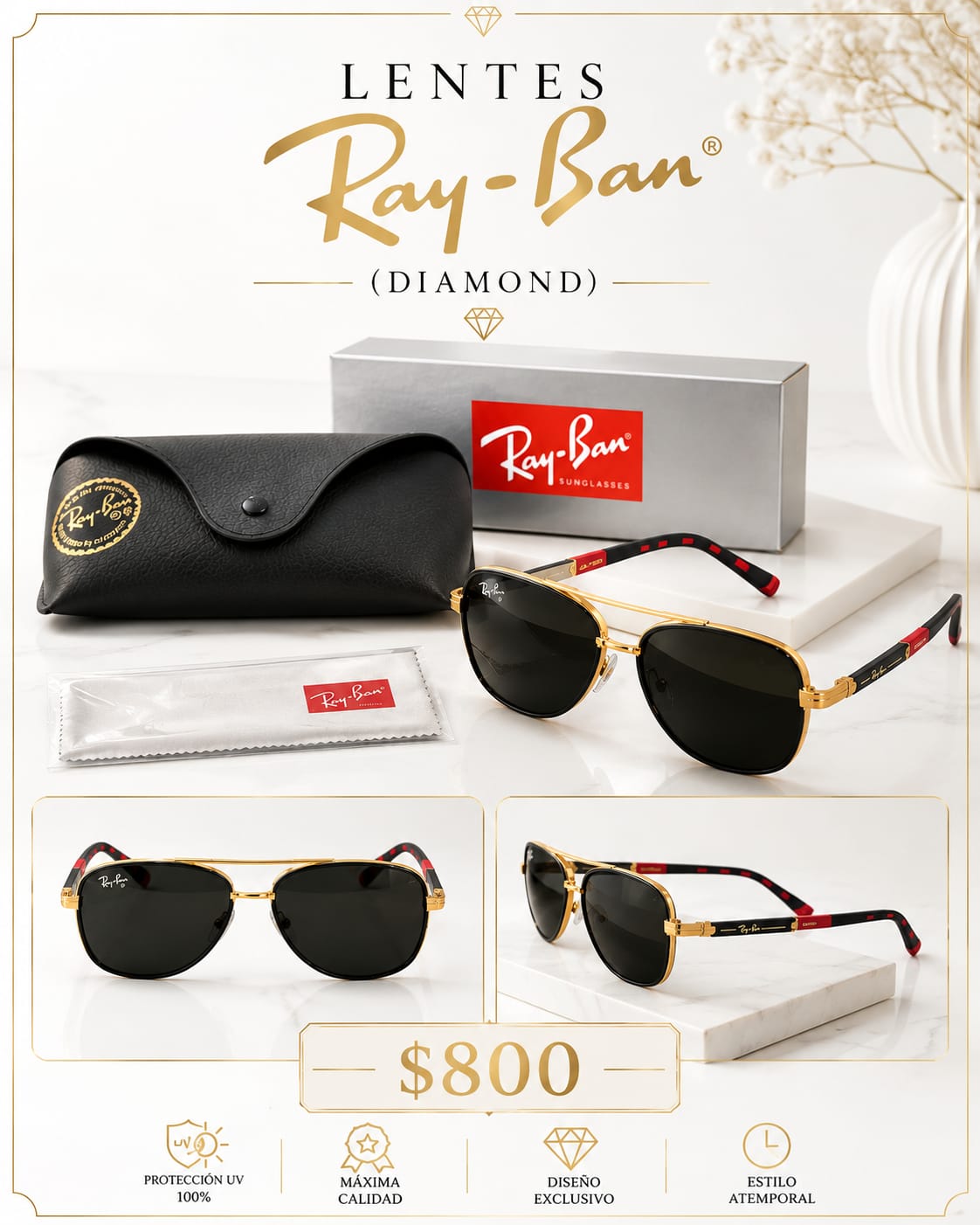 Lentes estilo aviador con detalles dorados